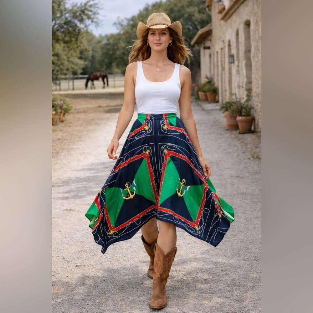 Lauren Ralph Lauren Equestrian Print Midi Skirt Navy Green Flowy Size 8P Boho